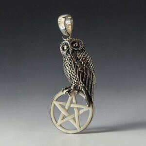Owl Pentagram Pendant 925 Sterling Silver Carved Bone Gothic Wicca